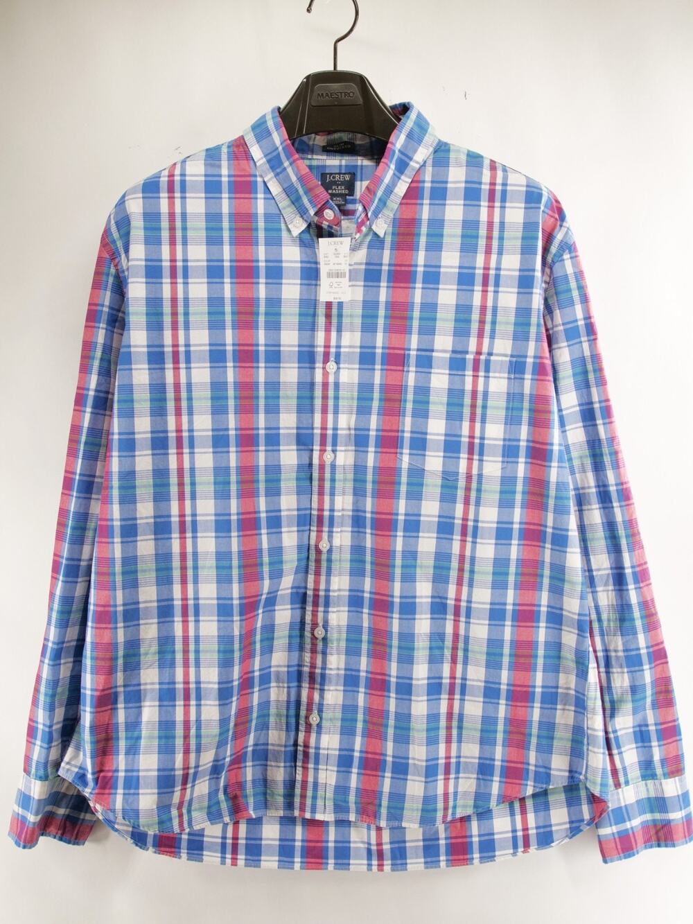 J.Crew NWT Flex Washed Shirt Mens XXL Slim Untucked Blue Pink Plaid Stretch
